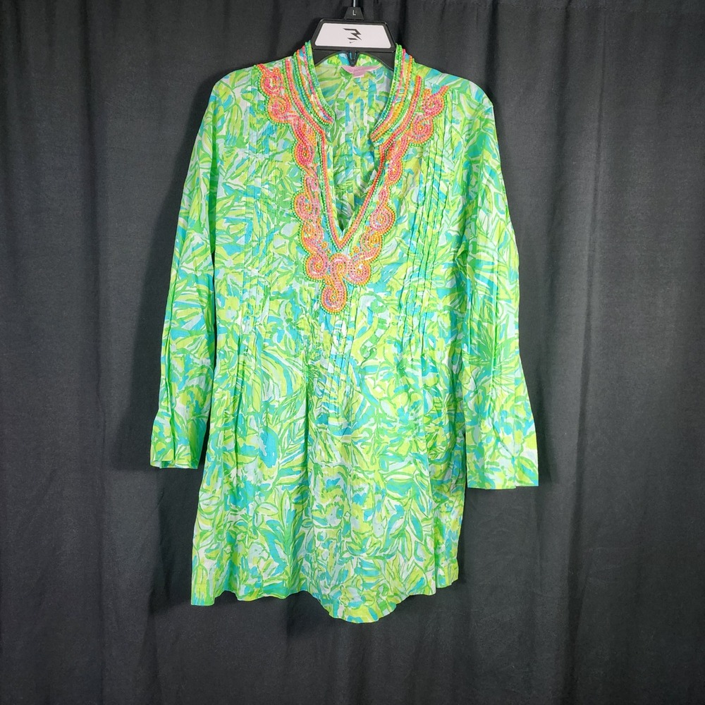Lilly Pulitzer Womens Small Green Blue Tropical Palm Beaded Pintuck Cotton Tunic